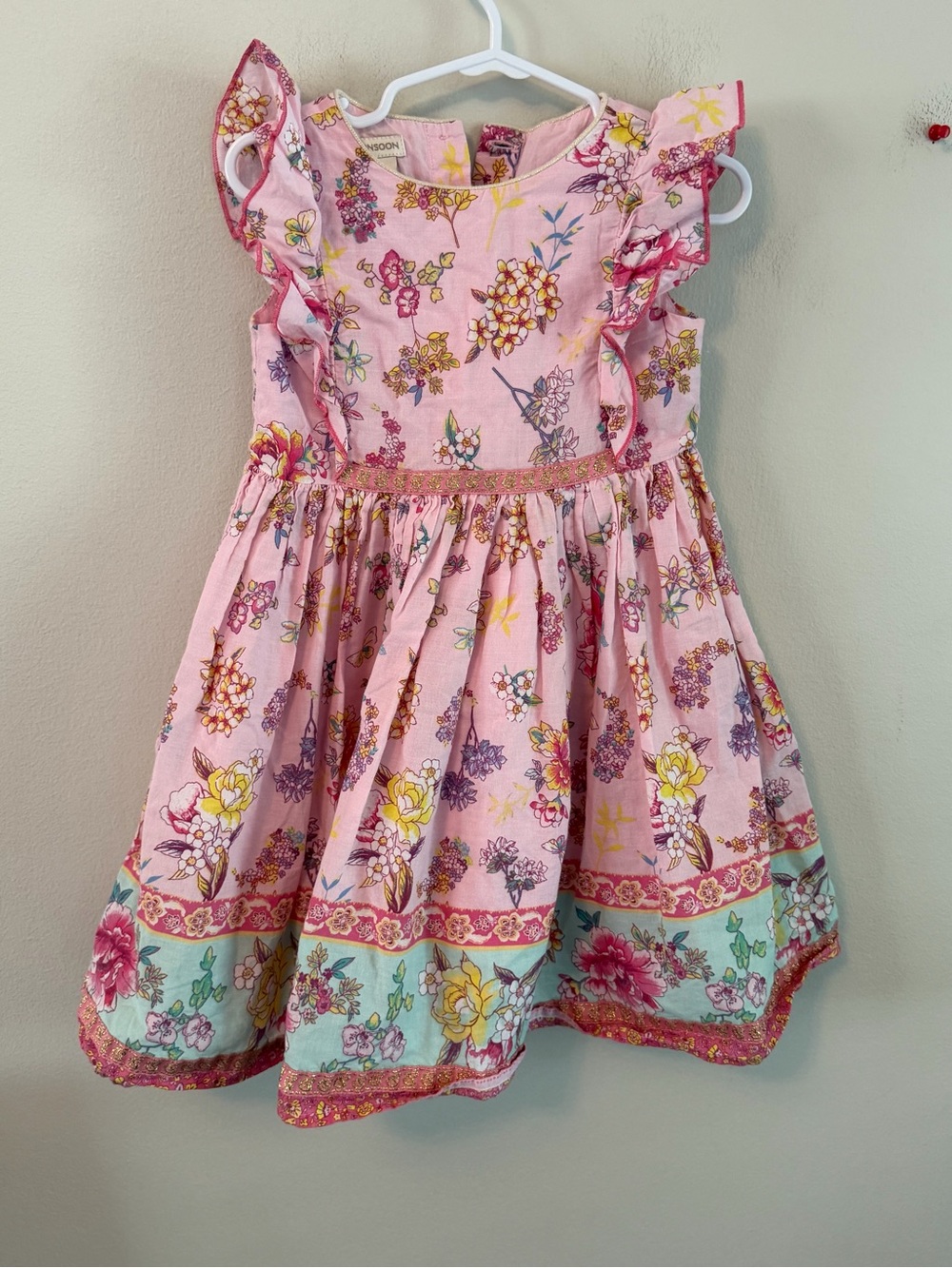 Monsoon Girls Pink Floral Ruffle-Sleeve Dress